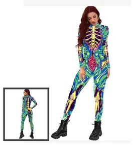 Women colorful skeleton print jumpsuit Halloween costume slim fit long sleeve bodysuit.