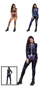 Halloween skeleton print bodysuit for women, stretchy cosplay costume party jumpsuit, 2025 new style.