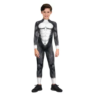 Kids animal cosplay jumpsuit with 3D digital print muscle design for Halloween party.