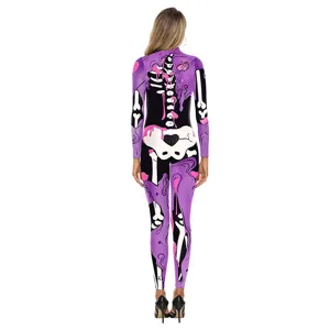 Vue arrière d'un combi moulant manches longues cosplay squelette Halloween pour femmes.