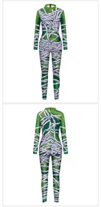 Halloween cosplay green mummy printed tight jumpsuit, long sleeve party bodysuit adults.