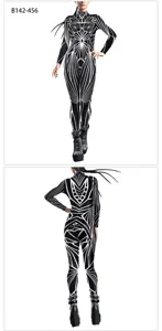 Detailed view of the geometric black and white line pattern on this creative fashion bodysuit.