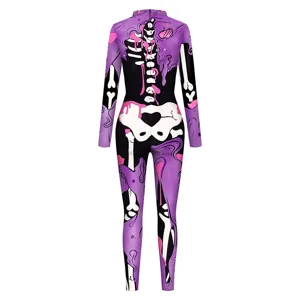 Combinaison Slim à Manches Longues Col Montant Imprimé Squelette Halloween pour Femmes Costume Cosplay Fête Body