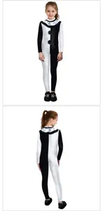 Kids black and white clown costume jumpsuit for Halloween party and cosplay dress up details.