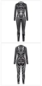 Black and white geometric lines bodysuit, digital print long sleeve jumpsuit, close-up detail.