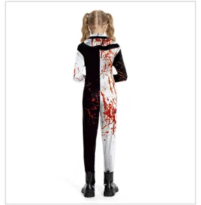 Kids Halloween cosplay costume scary clown jumpsuit black white blood print party outfit