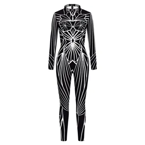 Women's Digital Printed Long Sleeve Stand Collar Jumpsuit Stretchy Slim Fit Cosplay Bodysuit Party Costume