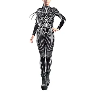 Geometric print tight jumpsuit for women, abstract line design long sleeve bodysuit.