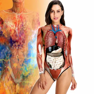 Women Long Sleeve Bodysuit Human Anatomy Print One Piece Swimsuit Party Cosplay Stretch Slim Fit Bodysuit Jumpsuit