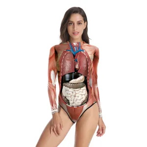 Anatomy print long sleeve one piece swimsuit carnival party performance bodysuit for women.