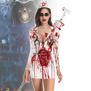 Women Halloween Horror Zombie Nurse Costume Digital Print Slimming Long Sleeve Bodycon Party Mini Dress Coswear