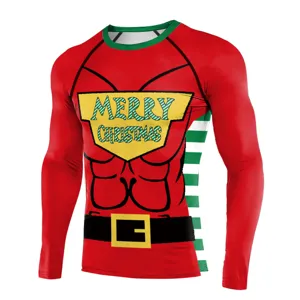 Christmas 3D printed men's muscle compression shirt, long sleeve fitness sports activewear.