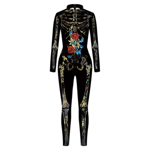 Day of the Dead skeleton 3d digital print jumpsuit gold floral bone gem bodysuit for women