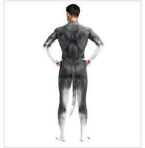 Details of the 3D printed dog animal cosplay full-body jumpsuit costume with tail and paws.