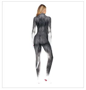 Detail view of 3D animal print full-body cosplay jumpsuit showing back design and attached tail.