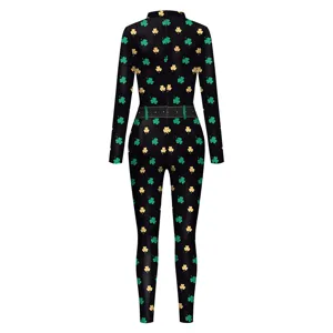 Women's St. Patrick's Day green and gold clover print long sleeve bodysuit jumpsuit.