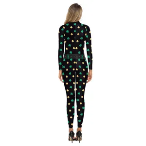 Back view detail of women's St. Patrick's Day shamrock 3D digital print long-sleeve jumpsuit.