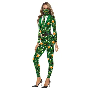 St. Patrick's Day Women 3D Shamrock Printed Jumpsuit Long Sleeve Bodysuit with Mask