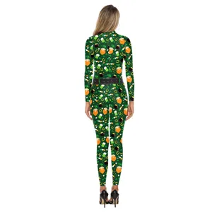 St. Patrick's Day green shamrock 3D digital print tight bodysuit for women jumpsuit