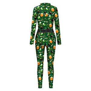 St. Patrick's Day shamrock 3D digital print women's green long sleeve jumpsuit romper.