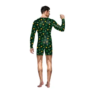 St. Patrick's Day men's 3D shamrock printed long sleeve romper festival party bodysuit.