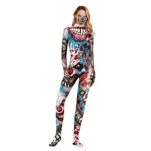 Halloween creepy clown zombie cosplay full body jumpsuit for adult party costume main view