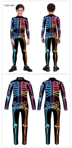 Detailed view of kids Halloween skeleton costume, featuring 3D neon print jumpsuit design.