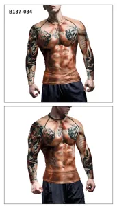 Homme chemise de compression manches longues haut fitness tatouage muscle sportwear