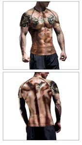 T-shirt de compression imprimé tatouage muscle 3D homme manches courtes fitness haut de sport.