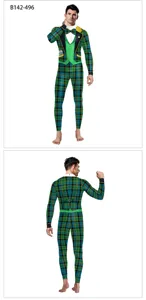 St. Patrick's Day green plaid men's long sleeve jumpsuit costume product details.
