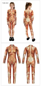Kids Halloween 3D printed muscle skeleton bodysuit costume detail view showing full outfit design.