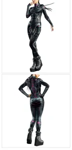 Cyberpunk mechanical digital print jumpsuit detail, close-up view showing front and back design.
