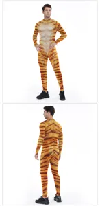 Close-up detail and full body views of men's 3D tiger print animal costume jumpsuit for parties.