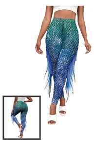 Vue détaillée du legging imprimé écailles de sirène avec ailettes latérales et taille haute.