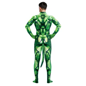 Grüner Schlangenmuster Cosplay Ganzkörperanzug mit Schwanz Halloween Kostüm für Herren