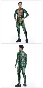 Detailed view of green snake scale print full body costume with 3D muscle graphic design.