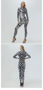 Close-up details of the 3D zebra print jumpsuit showing back and front design features.