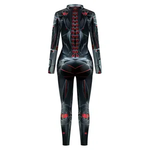 Men Women Sci-Fi Mechanical Print Bodysuit Full Body Cyber Jumpsuit Rear View Display