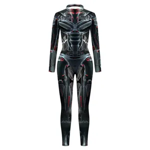 Cyberpunk mecha digital print full body jumpsuit, cool sci-fi cosplay unisex tight bodysuit.