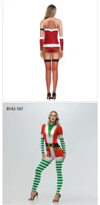 Christmas striped digital print women tight bodysuit costume details front and back view.
