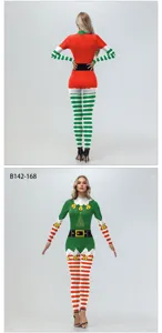 Women Christmas digital print tight jumpsuit holiday party elf costume with striped pattern
