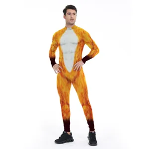 Men 3D digital print animal costume Halloween party cosplay jumpsuit bodysuit orange outfit