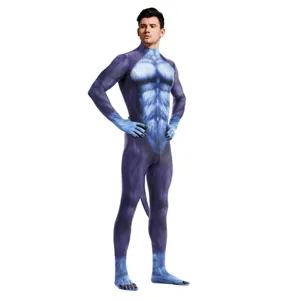Blue furry animal cosplay costume full body zentai suit with tail for party performance.