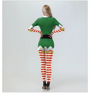 Detailed back view of Christmas elf digital print tight bodysuit, festive roleplay costume.