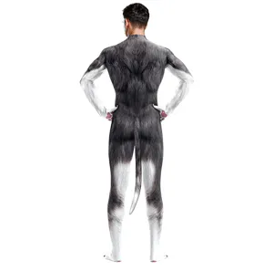Husky dieren cosplay kostuum voor heren, digitale print volledige zentai pak met staart.