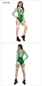 St. Patrick's Day groen gestreepte klaver bodysuit dames lange mouw cosplay kostuum