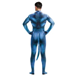 Blue dog animal roleplay costume digital print full body tight jumpsuit for performance and party.