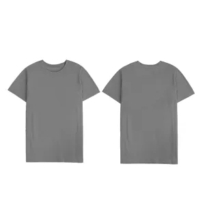 Vista dettagliata della t-shirt unita grigia a maniche corte, mostrando trama e scollo.