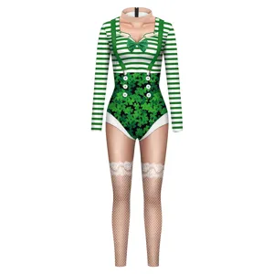 St. Patrick groen gestreept klaver blad lange mouw body feestelijk kleding pak