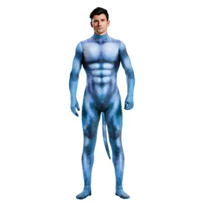 Blue dog cosplay bodysuit digital print full body tight jumpsuit for adult party performance.